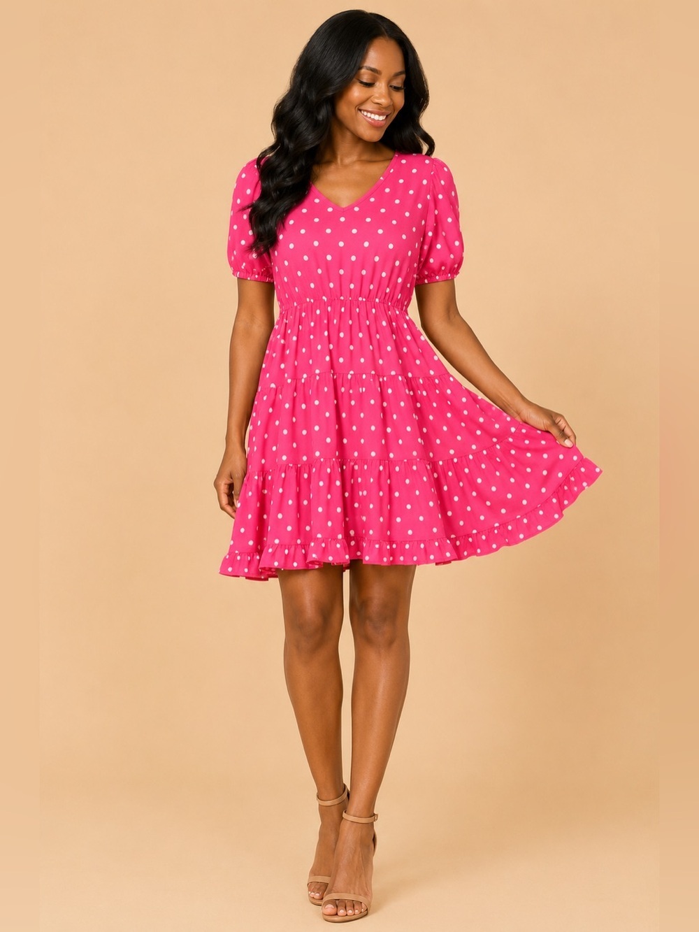 Magenta Polka Dot Tiered Mini Dress | Puff Sleeve V-Neck Flowy Summer Dress